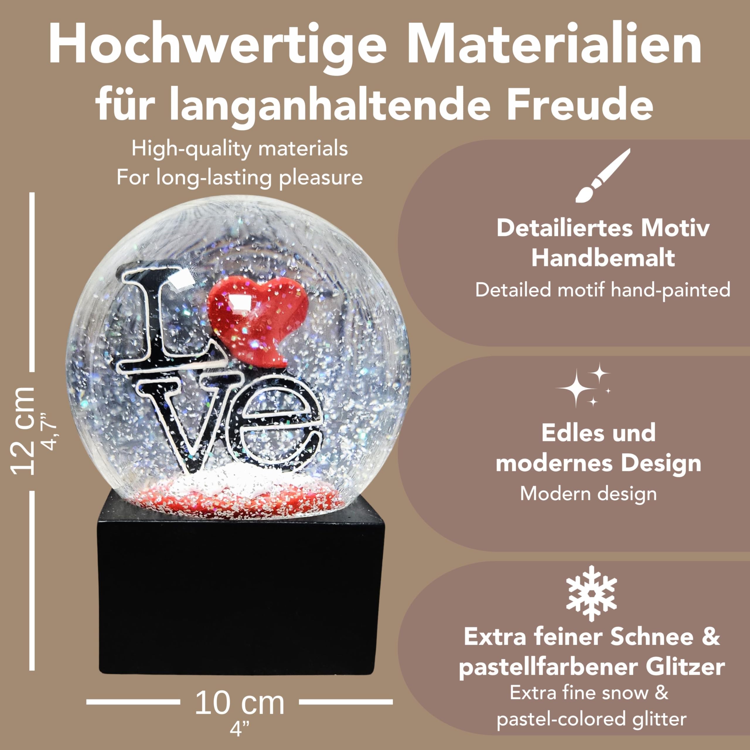 Boule à neige Love avec cœur - Inscription Love sur socle noir - Boule à secouer en verre - Hauteur : 12 cm - Largeur : 10 cm - Cadeau pour la Saint-Valentin, la fête des partenaires - 10015