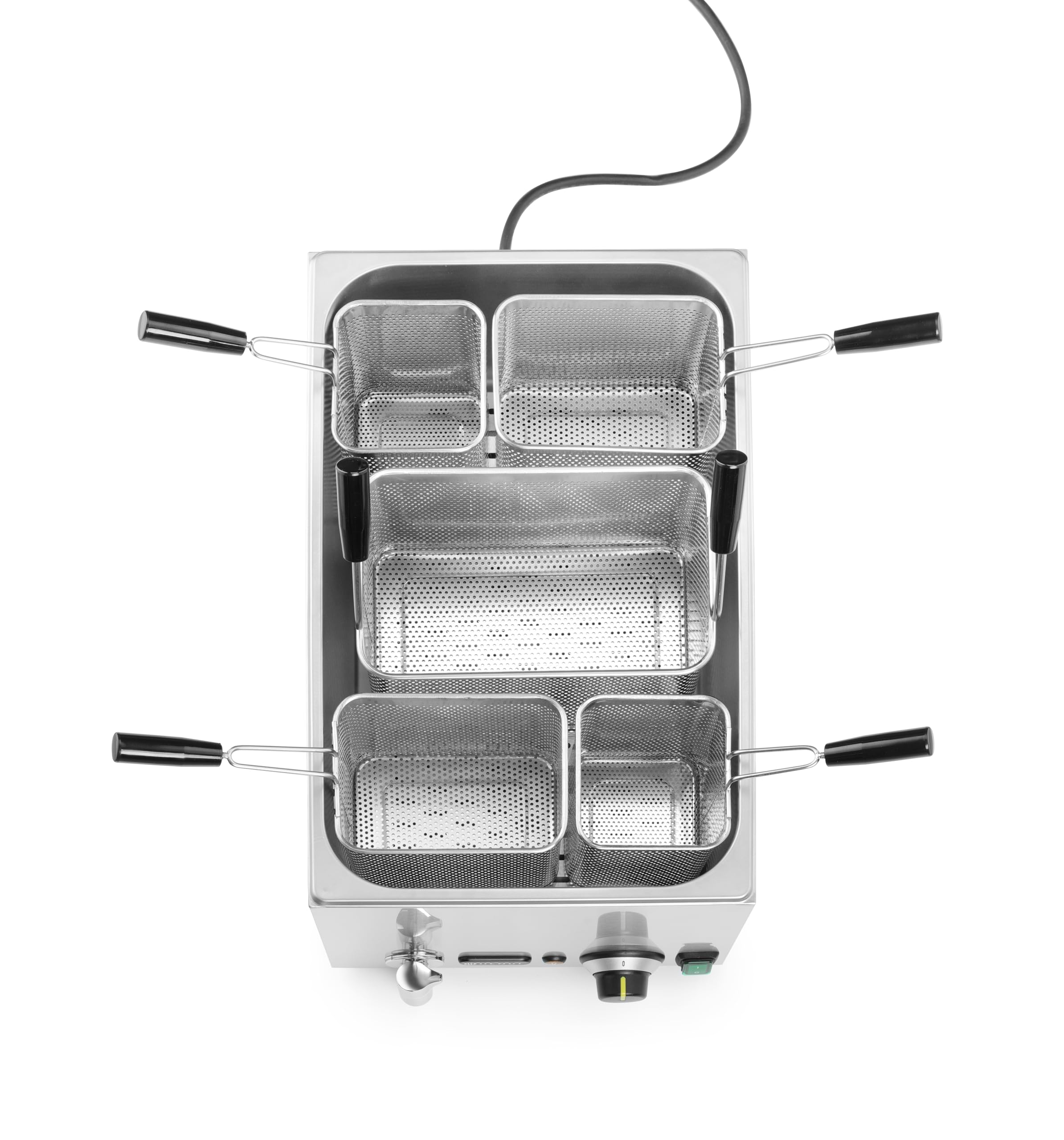 HENDI Cuocipasta Professionale 25 L con 5 Cestelli, Termostato 45–110°C, Rubinetto di Scarico con Blocco Meccanico, 230V/3500 W, 601x326x(H)279mm, Acciaio Inossidabile