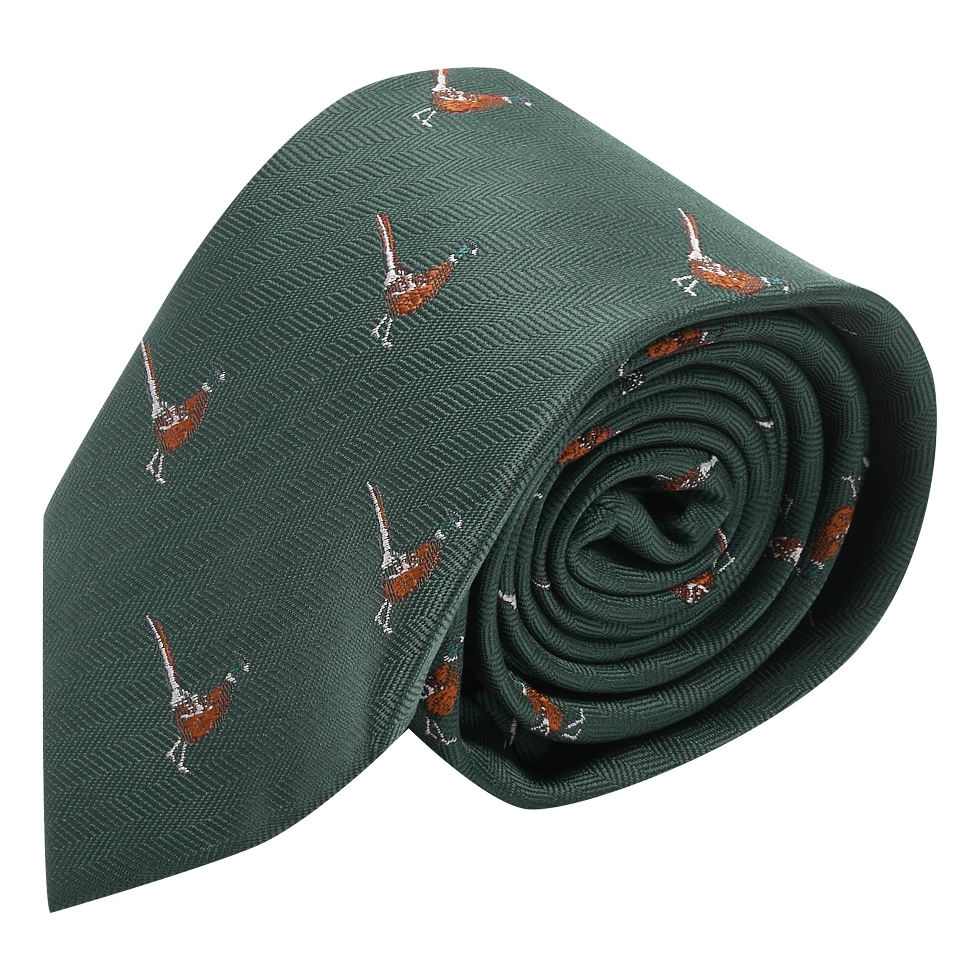 King & Priory Dark Green Herringbone Embroidered Pheasant Tie