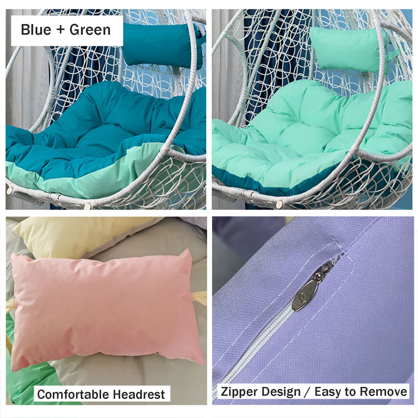 Cojín colgante doble de ratán azul para silla columpio, para interiores y exteriores, para 2 personas, para balcón, patio, jardín, lavable, 125 x 100 cm