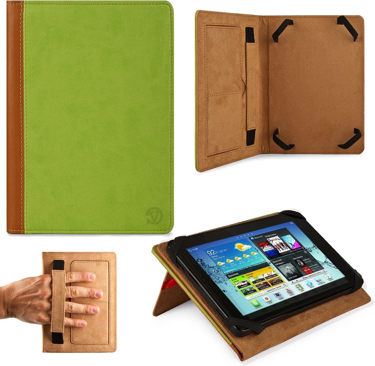 GREEN, TAN Hard Cover Portfolio Jacket Mary Case, Stand Alone, Lightweight, Protective Slimline Sturdy, Flip Folio Book Style Design For Barnes and Noble NOOK HD Plus 9 Inch Touch Screen Android Table