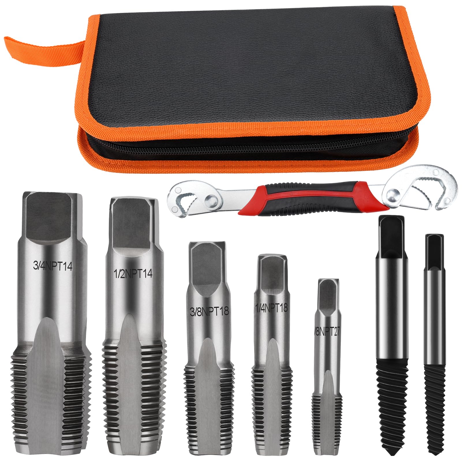 Jeu de 8 tarauds NPT (1/8" à 3/4") avec 2 extracteurs de vis et clé de serrage avec sac de rangement en cuir
