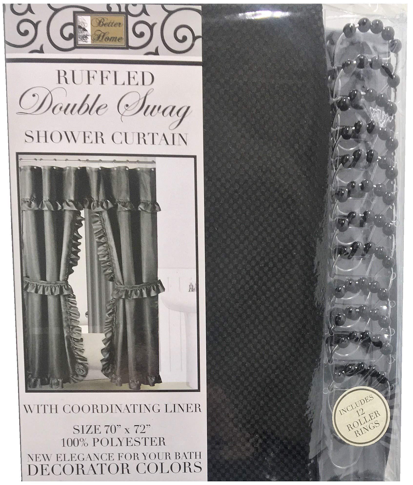 Ruffled Double Swag Fabric Shower Curtain /12 Coordinated Rolling Ring Hooks, 2 Tie Backs (Black)