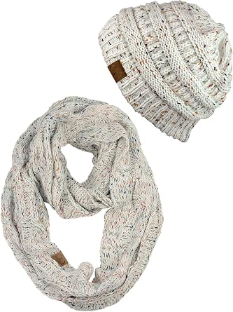 C.C Soft Stretch Colorful Confetti Cable Knit Beanie and Infinity Loop Scarf Set