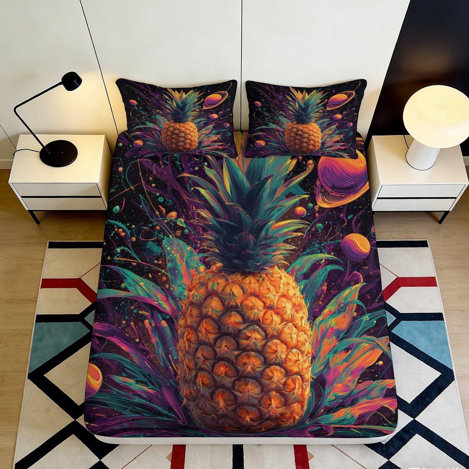 3D Printed Tropical Pineapple Fitted Sheet Microfiber Soft Orange Green Cosmic Fruits Mattress Cover Bedroom Dorm Decor 90x200x25cm