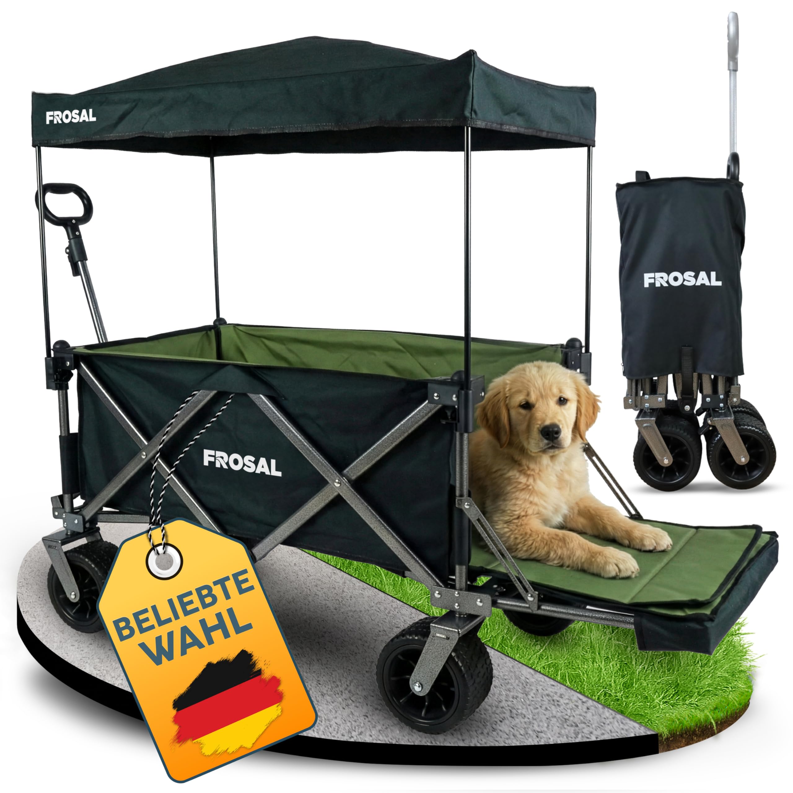 FROSAL Bollerwagen Theo faltbar mit Dach & Heckeinstieg – Handwagen klappbar für Hund & Kinder, Strand, Camping & Garten – 80kg belastbar, pannensichere Räder, höhenverstellbare Zugstange