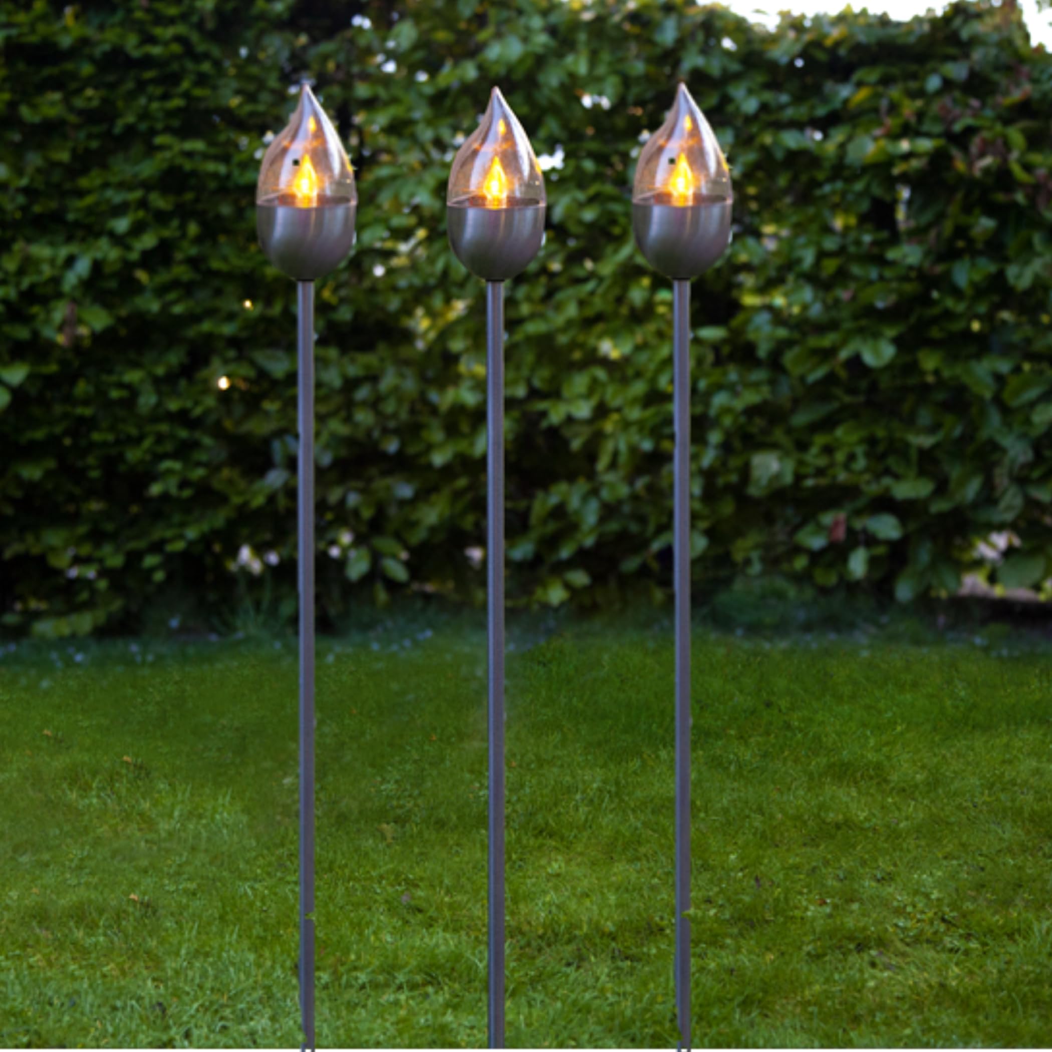 3er-LED-Solar-Gartenfackel-Set 'Chiemsee', geschlossen, Edelstahl, ca.115 cm x 8 cm 3 Amber LED, mit Solarpanel, incl. Akku, Outdoor, Kunststoffglas geschlossen, Winterfest