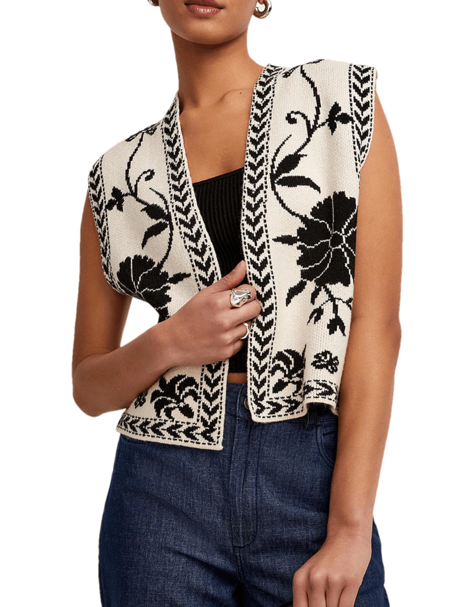 Womens Floral Sleeveless Sweater Vest Boho Printing Cropped Casual Knit Cardigan Top