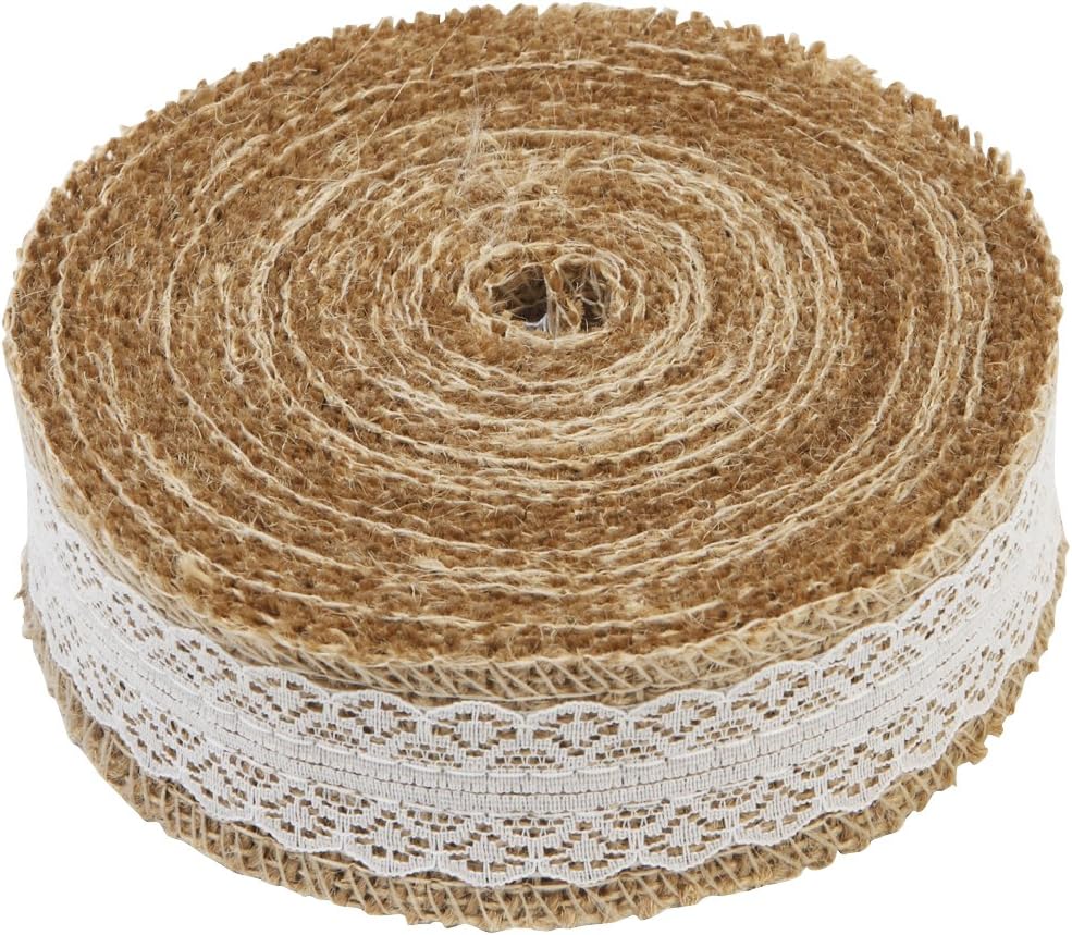 Macallen TM 1 Metre of Natural Hessian Ribbon with Lace Detail, Available in 2.5cm, 4cm and 6cm Widths (4cm)