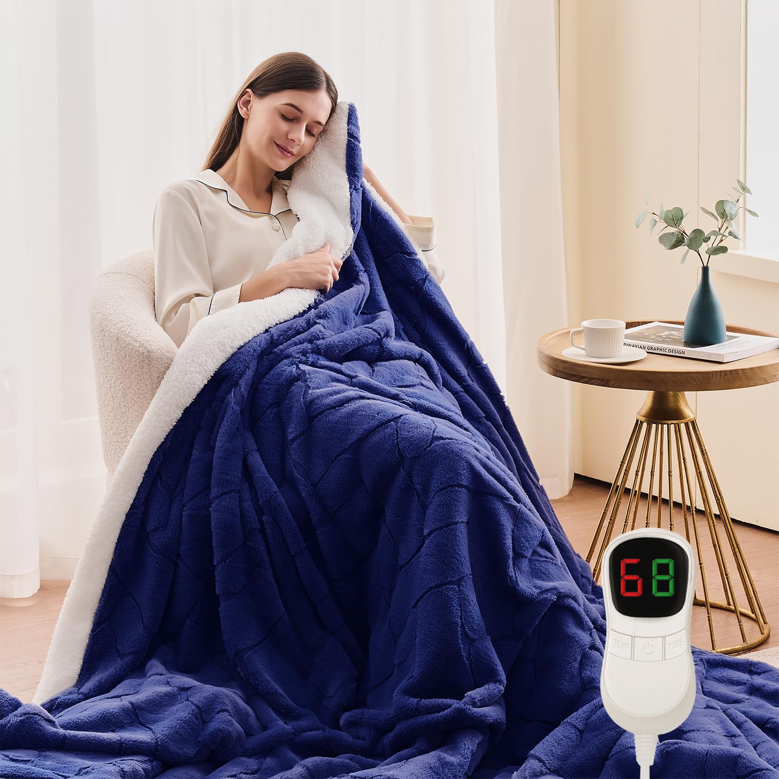 Homemate Heated Throw Electric Blanket - 130x160cm Luxury Faux Fur Sherpa Heated Throw, 1/2/4/6/8 Hours Auto-Off 10 Heat Levels Digital Control With Over-Heat Protection Navy Blue
