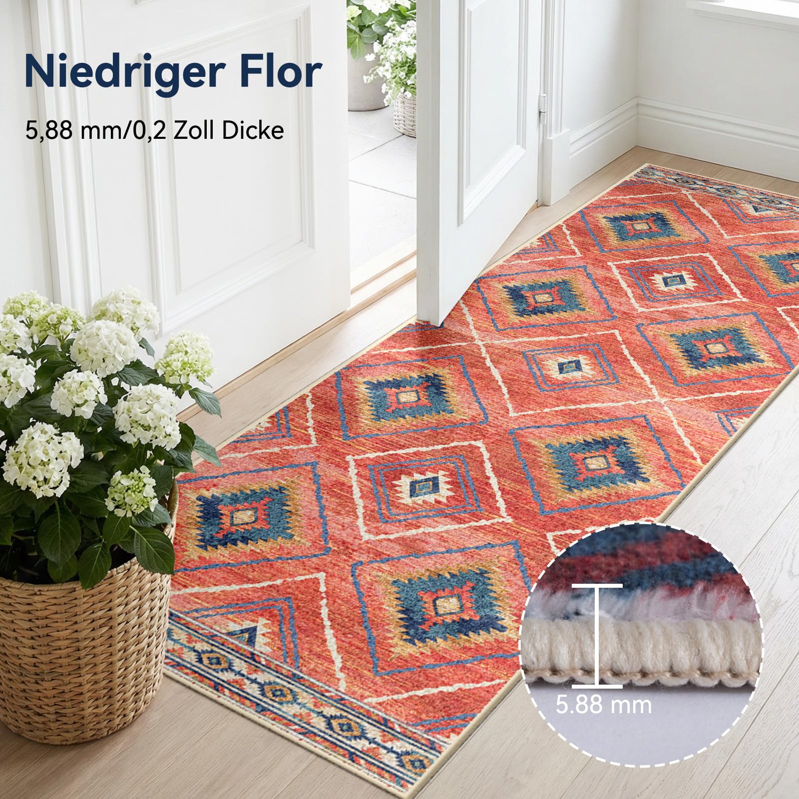 Tapis de Salon Lavable en Machine 60x300 cm Tapis antidérapant, Tapis de Chambre pour Le Salon, l'entrée, la Chambre et la Cuisine, Rouge