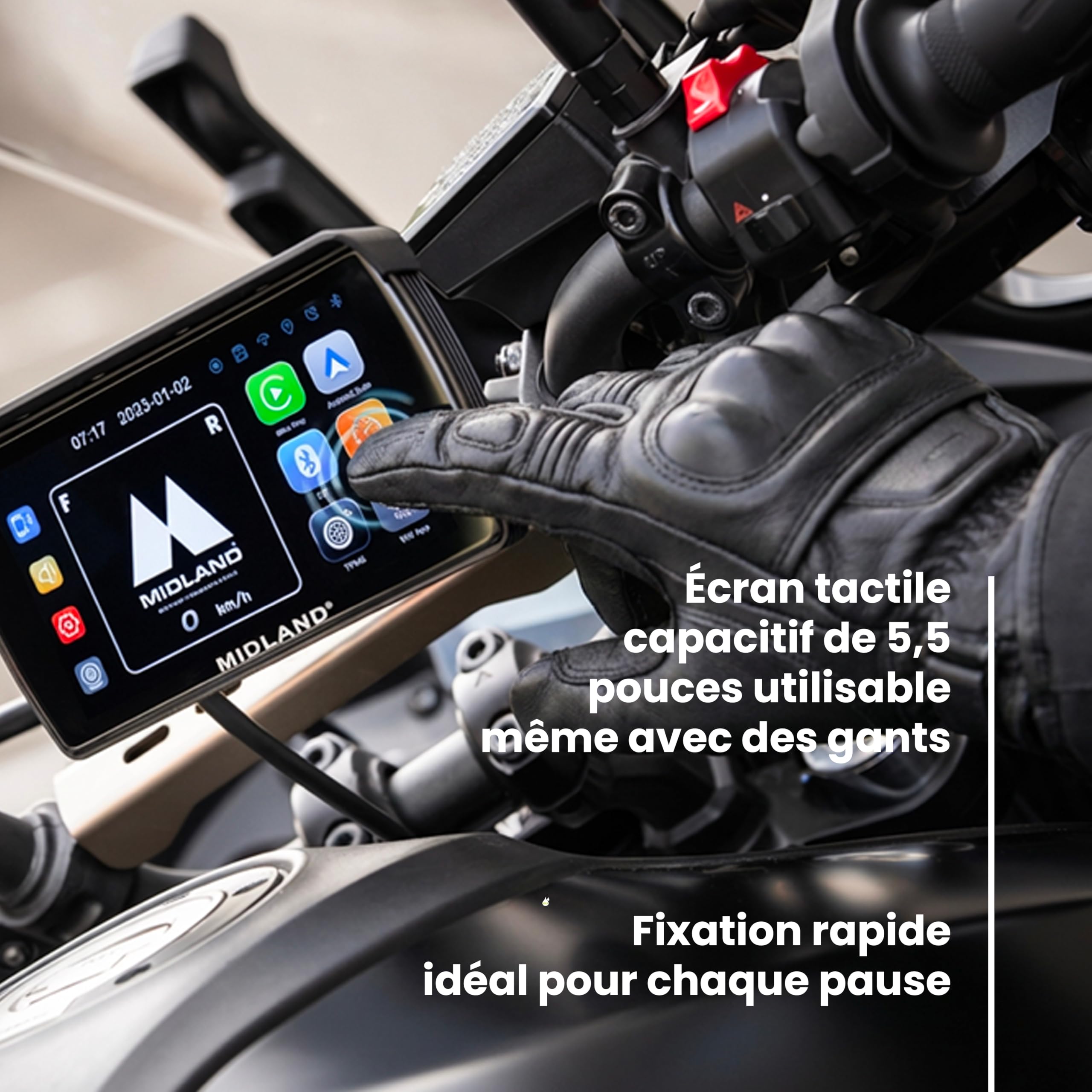 Midland - BikePlay Pro, Accessoires Moto Bluetooth - Navigateur Moto Écran Miroring Tactile 5,5" Compatible avec Android Auto et Carplay, Résistant IP67, Résolution Full HD, Accessoire Rétroéclairé