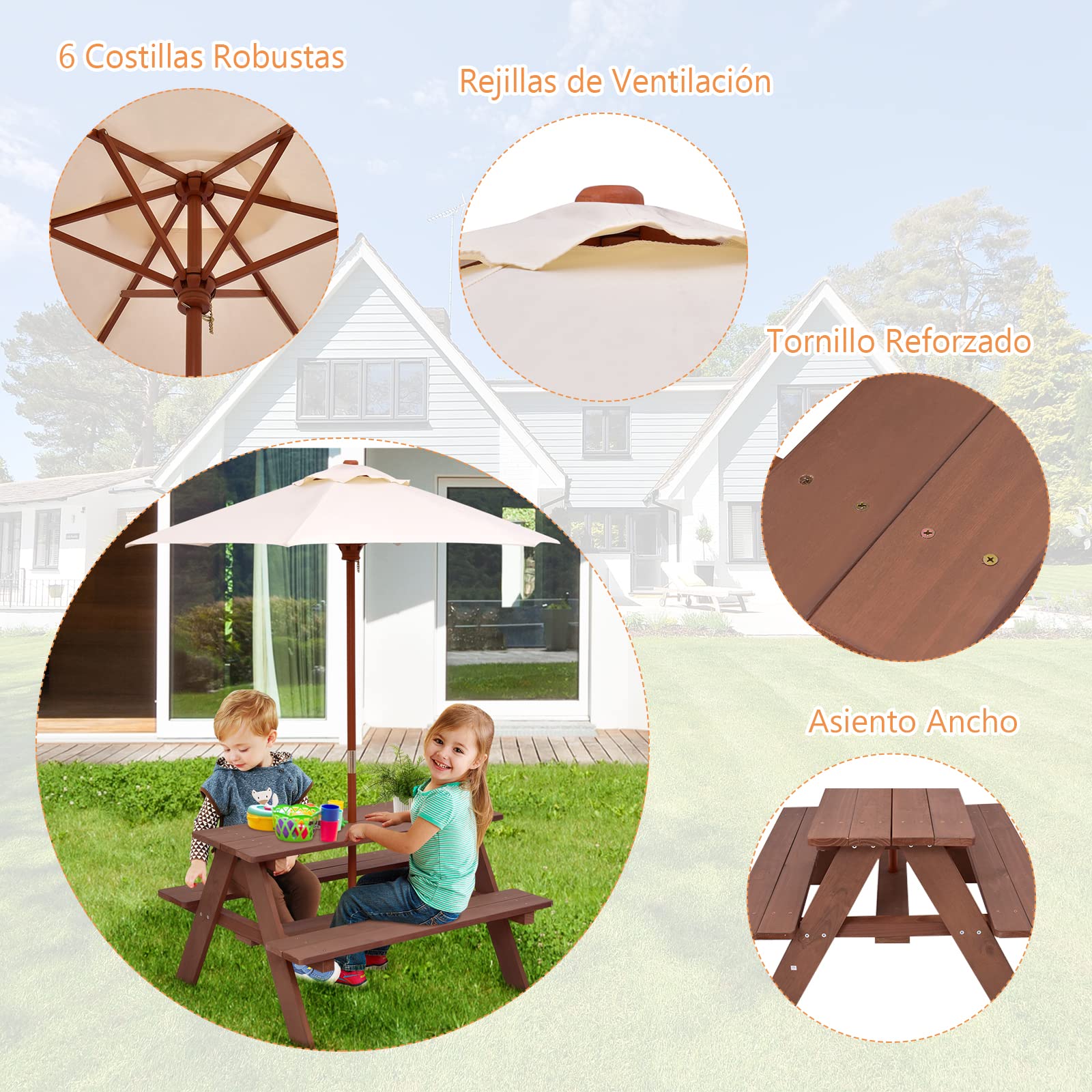 COSTWAY Mesa de Picnic para Niños 3 en 1, Mesa de Actividades al Aire Libre para Niños con Paraguas Extraíble, Bancos de Madera, Mesa de Picnic Exterior para Jardín, Patio, Casa, Césped