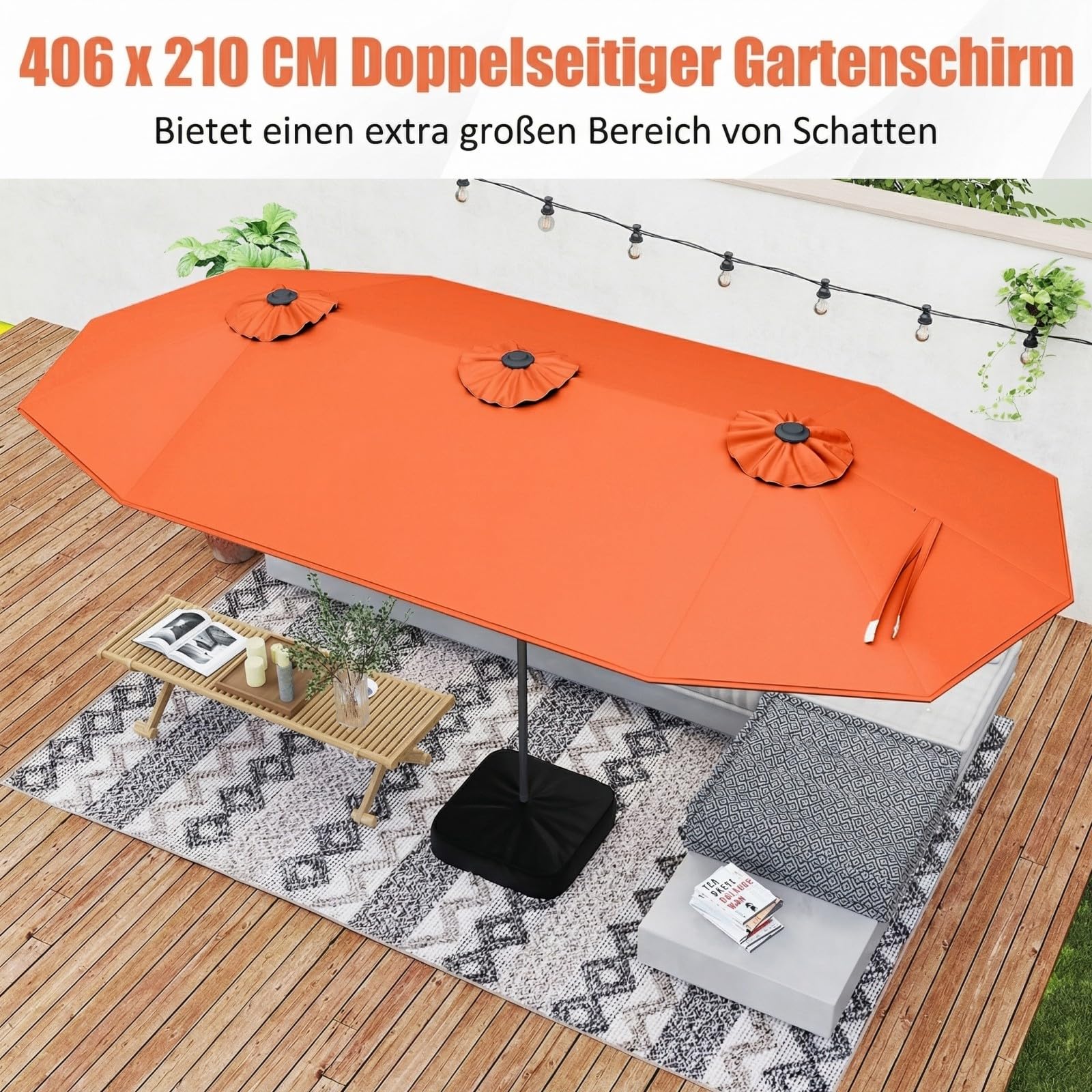 GOPLUS Podwójny parasol przeciwsłoneczny, 400 x 200 cm, ze stojakiem, UV 50+, parasol ogrodowy z korbą, duży parasol ogrodowy, owalny, do ogrodu i na taras