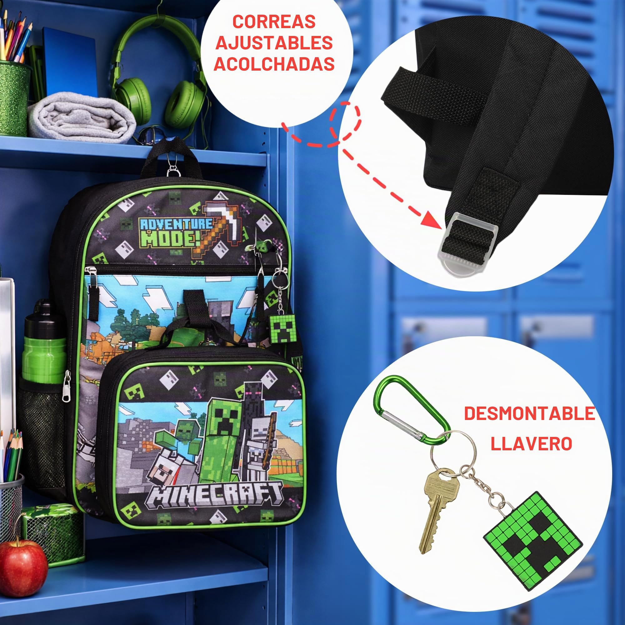 Bioworld Minecraft - Juego de 5 piezas: mochila de 16 pulgadas, fiambrera, funda de utilidad, llavero de goma y mosquetón, multicolor, 1 tamaño, moderno