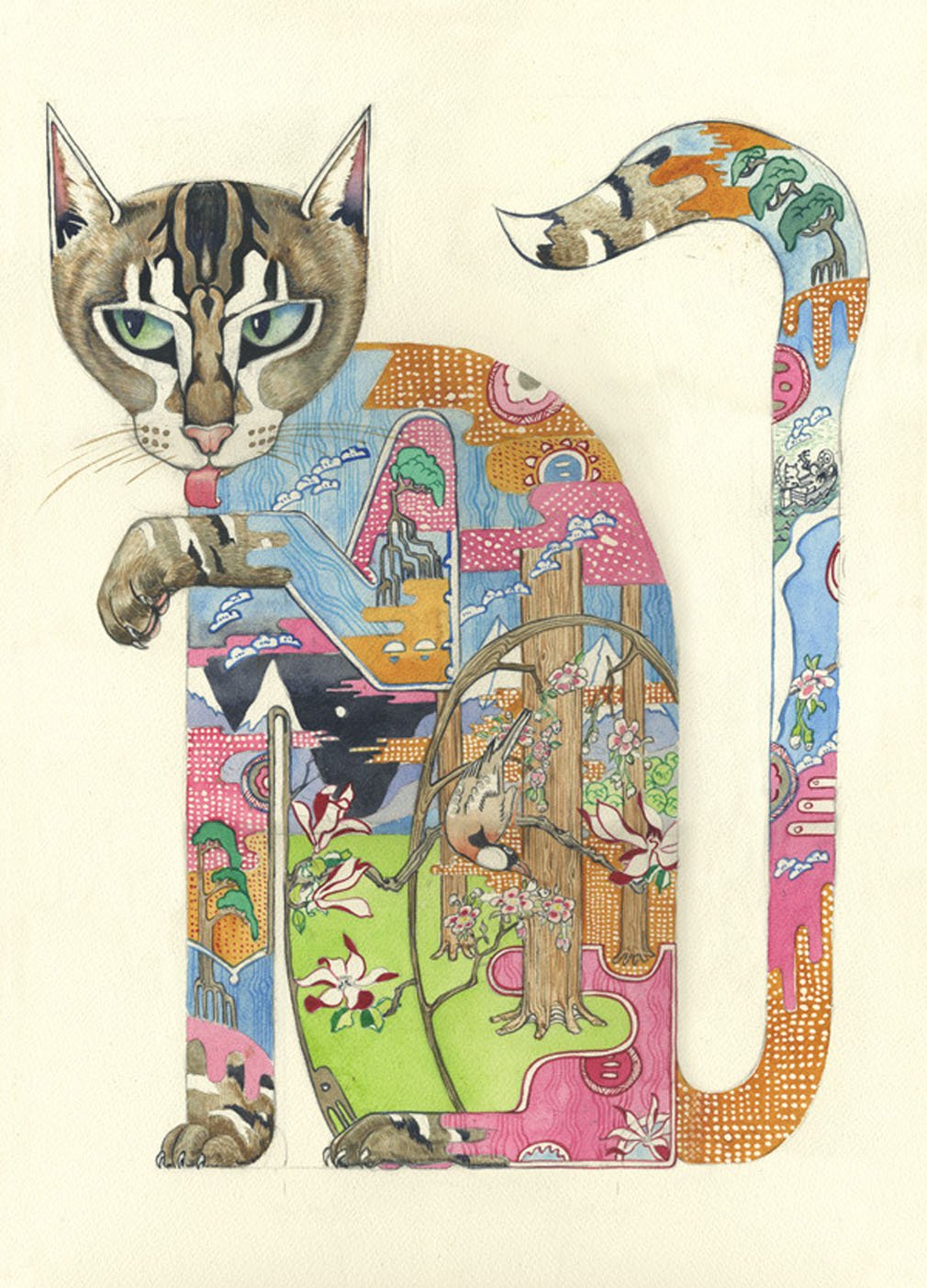 Cat Licking its Paw Card Daniel Mackie Designs 7 x 5 inches black in cello with envelope