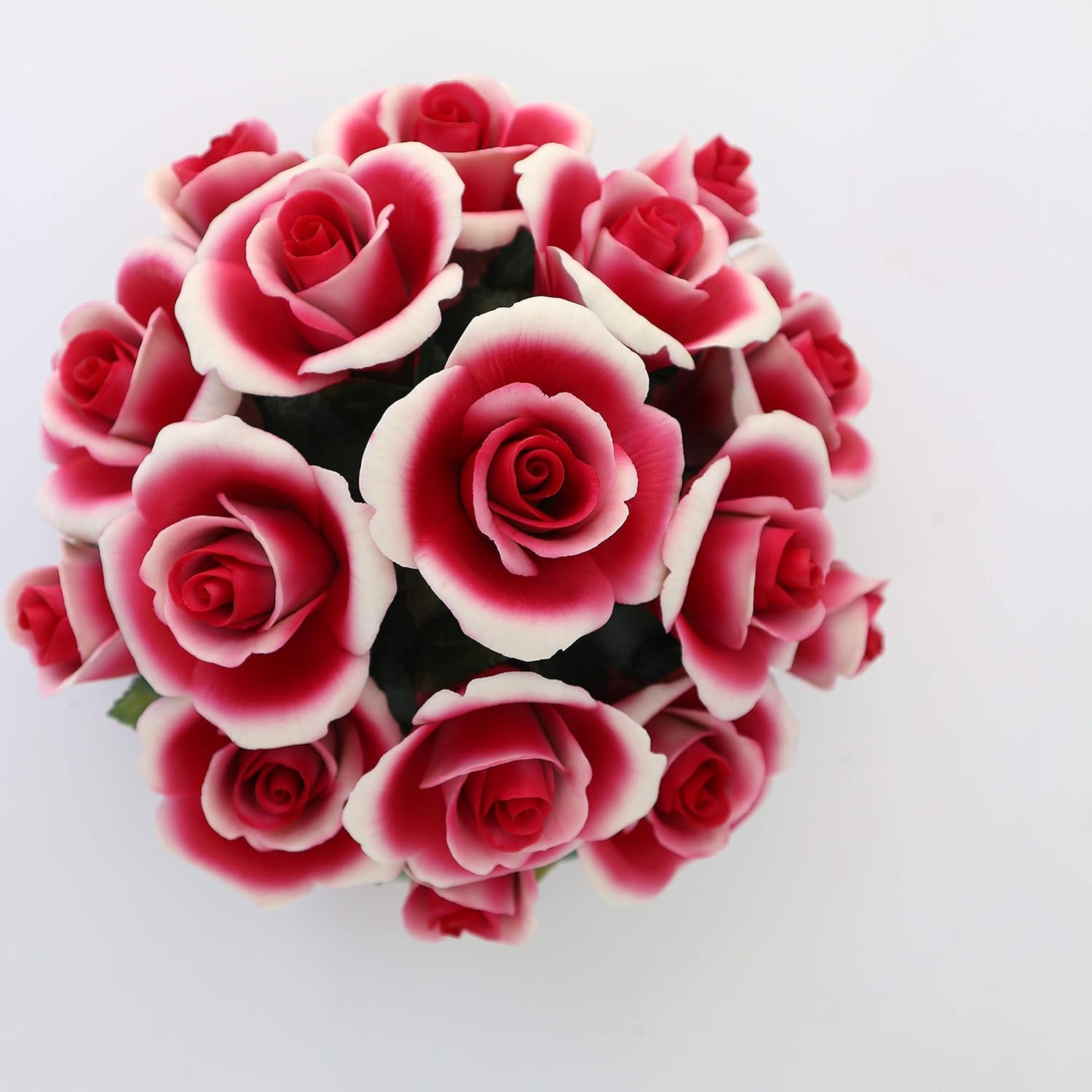 Capodimonte Porcelain Basket Centerpiece With Handmade Roses Red and White Tips Made In Italy By Our Artisans in Unionporcelain Packed Into Blue Carton Box