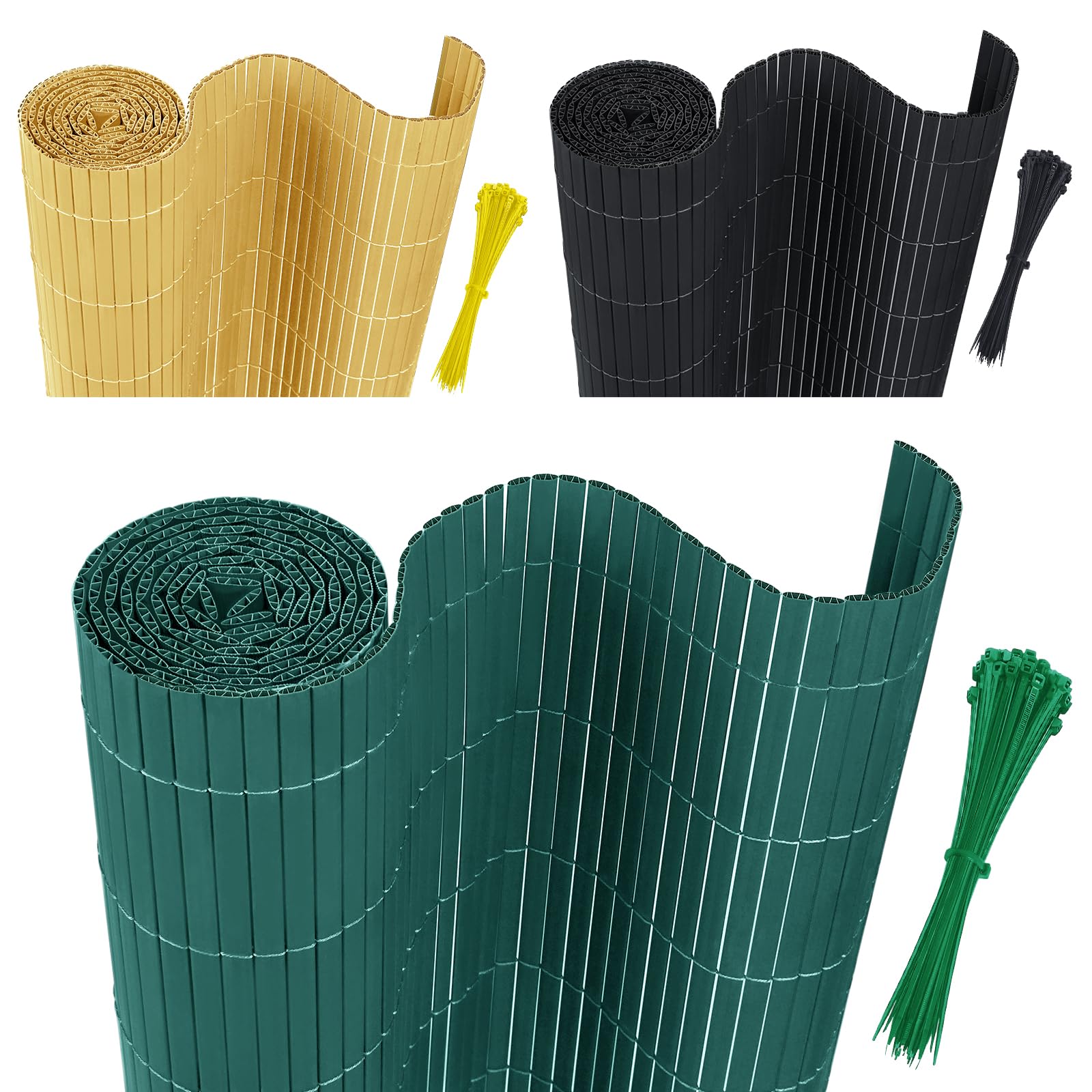 AufuN Recinzione frangivista in PVC, 180 x 600 cm, con fascette per cavi, standard, in bambù, protezione dal vento per giardino, balcone e terrazza, struttura interna a W, lamelle rinforzate (verde)