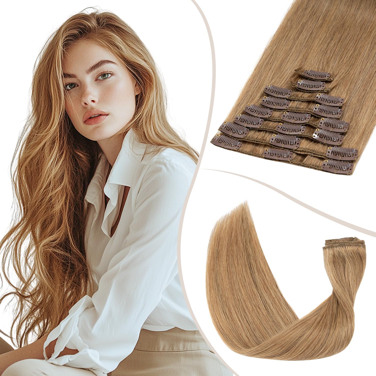 TESS Clip in Hair Extensions Real Human Hair Blonde Remy Seamless 8 Pieces Straight Short for Women/Girls (#27 Dark Blonde