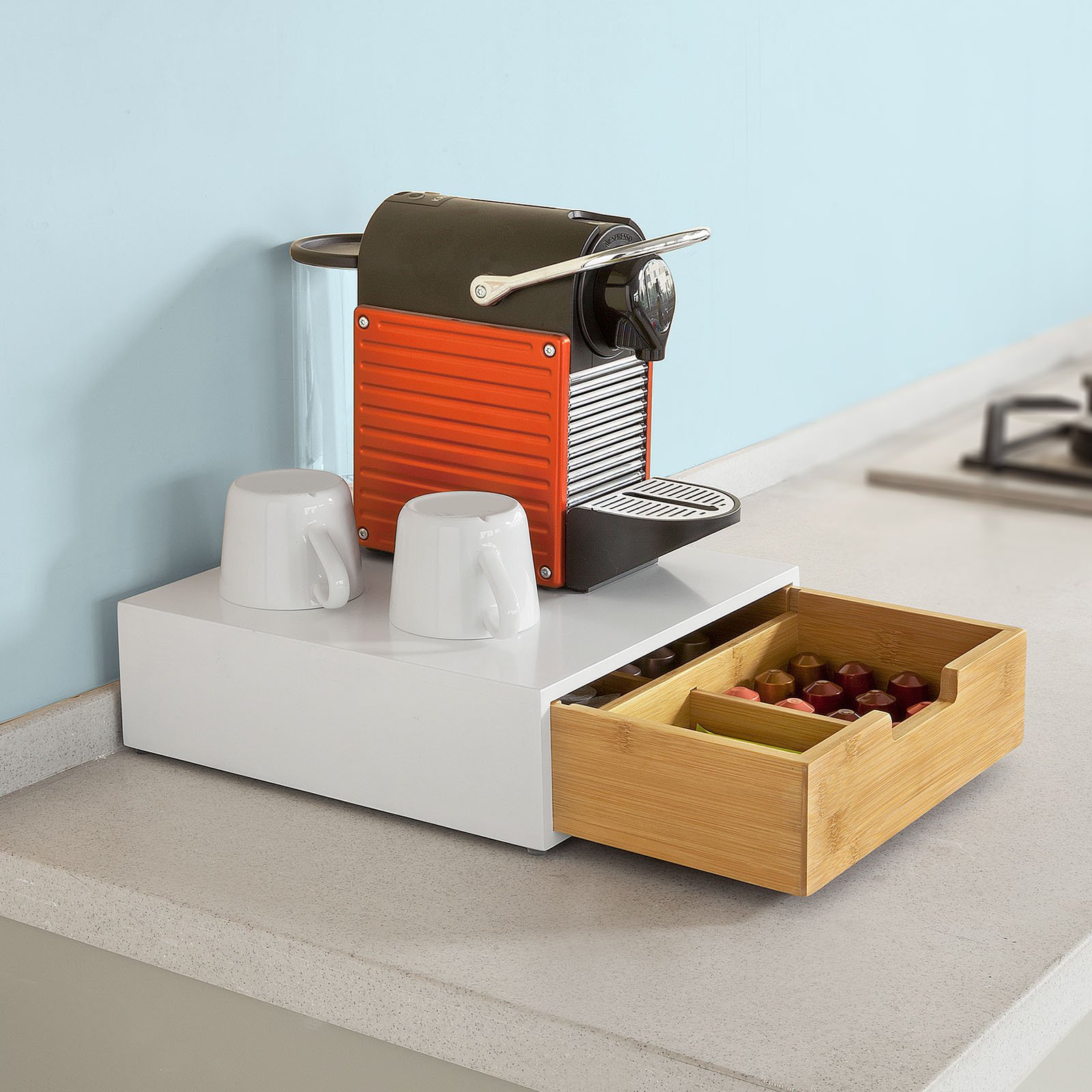 SoBuy Boîte à thé en bois compartimentée – Tiroir de rangement capsules ou sachets de thé – Organisateur compact avec pieds antidérapants pour cuisine ou bureau 31×30×10cm FRG179-WN