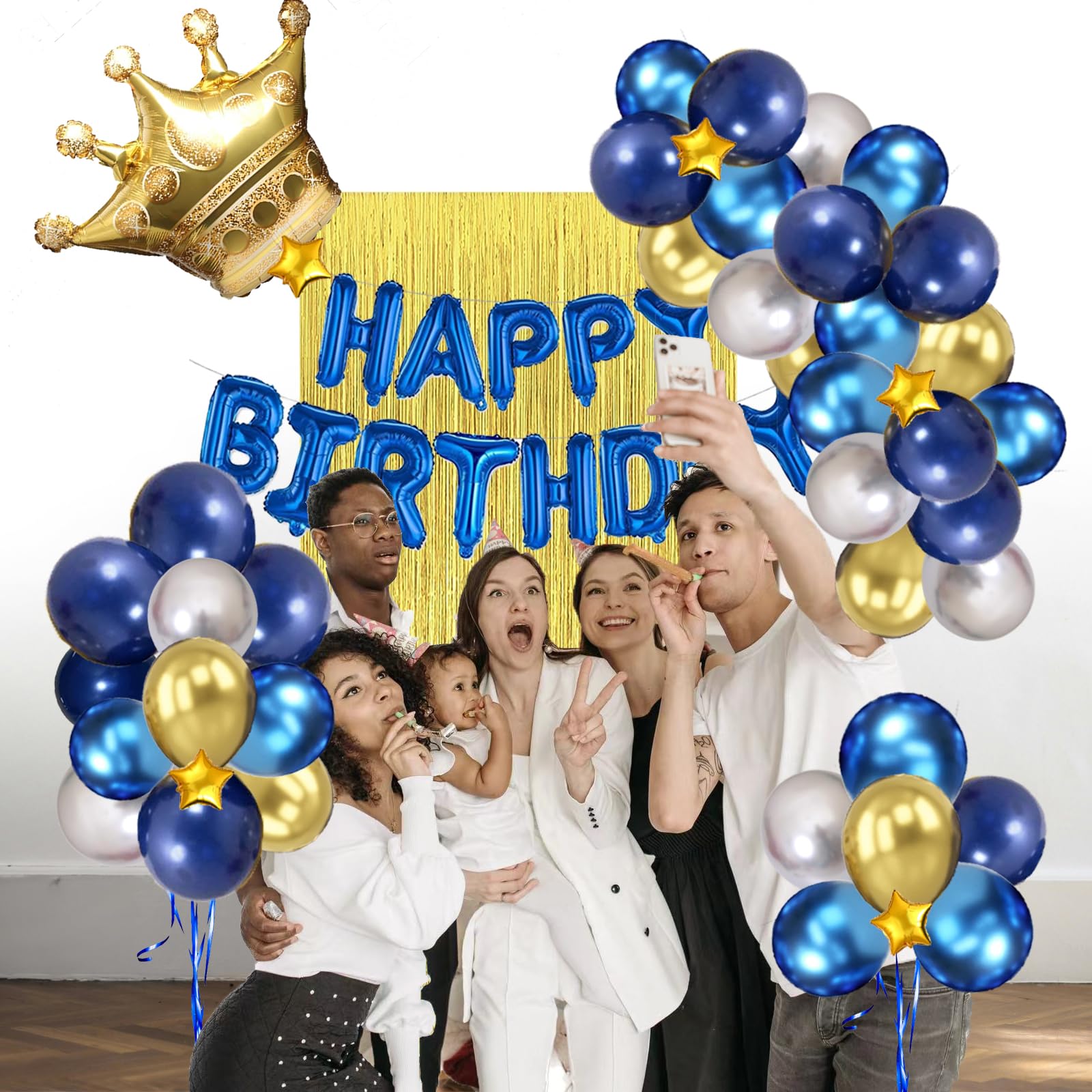 Niebieskie i złote dekoracje urodzinowe dla mężczyzn, chłopców, dziewcząt, Hyballustw 58 szt. balonów z banerem "Happy Birthday", metaliczna zasłona z frędzlami, złota korona na urodziny 18, 21, 30,