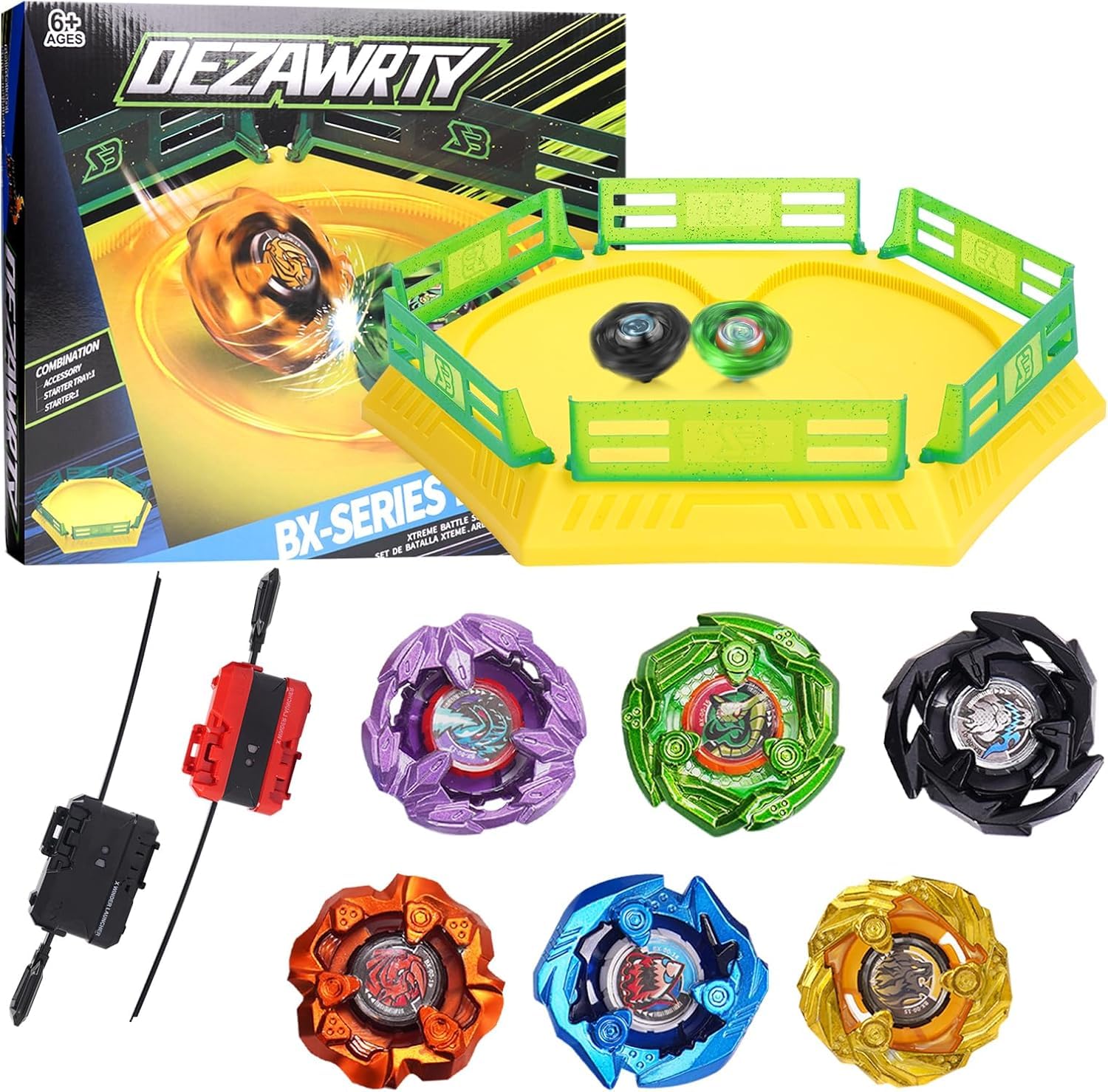 DEZAWRTY X Gyro Stadium Set, 6 High-Speed Spinning Tops, 2 Launchers & 1 X Acceleration Rail Arena for Top Battles