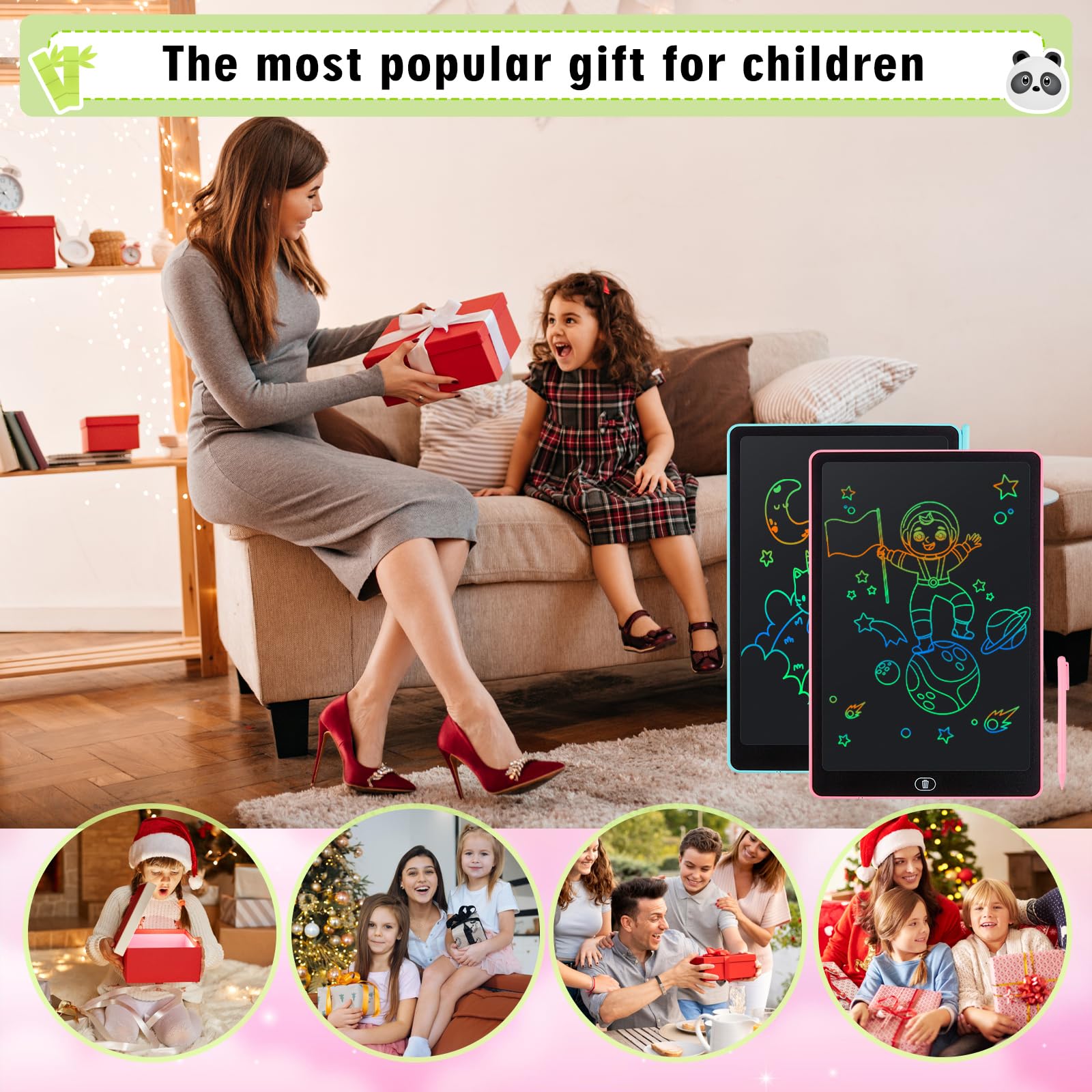 Tablette D'écriture LCD 16 Pouces Dessin Ecran Coloré Effaçable Autocollants Animaux Garçons Filles 3-6 Ans Bleu Rose
