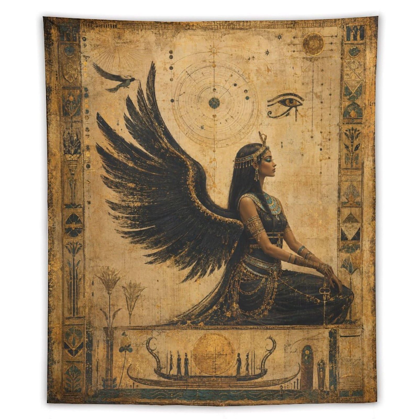 W7C8U2X3 Egyptian Winged Goddess Papyrus Wall Tapestry, Reading Corner