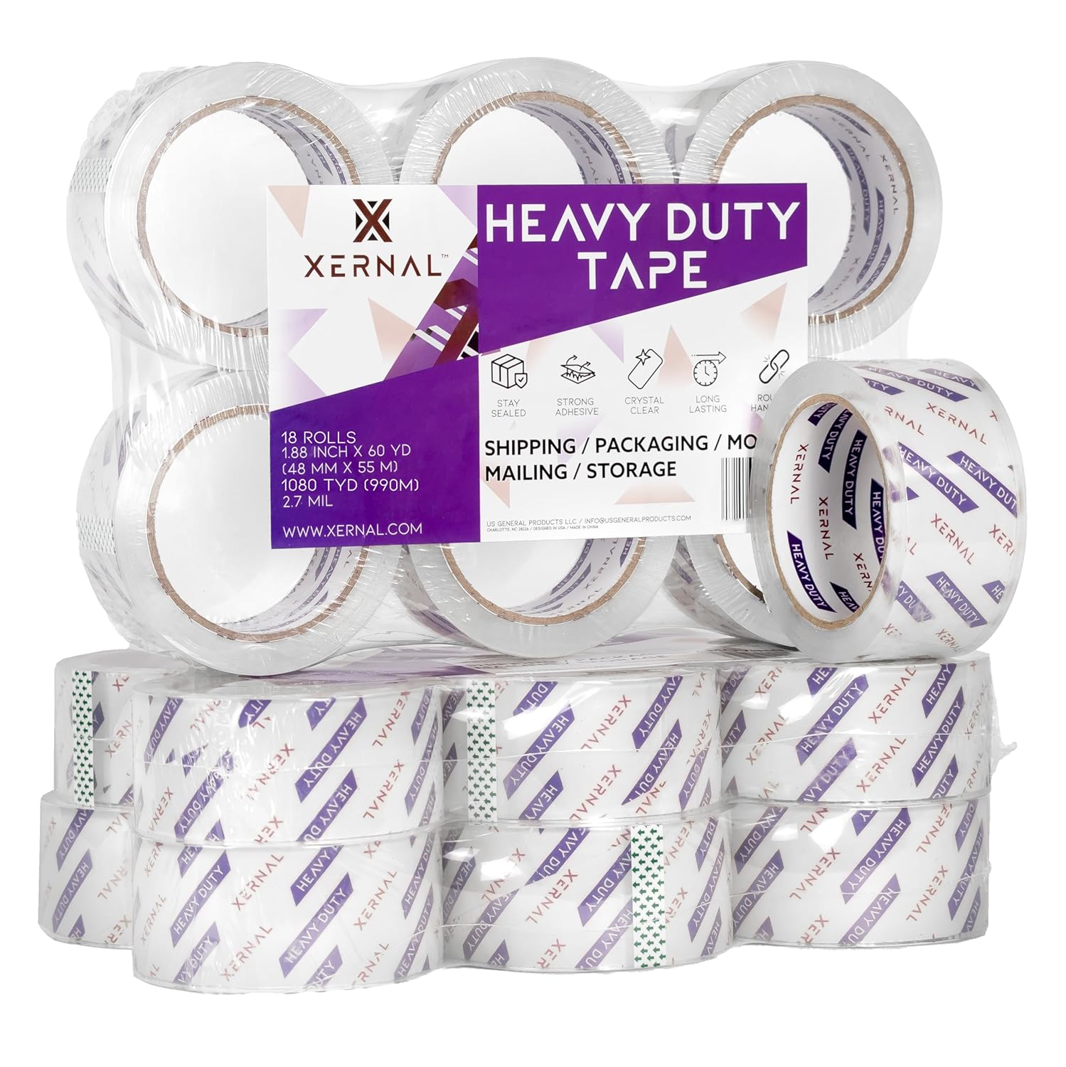 Crystal Clear Heavy Duty Packing Tape - 1.88 inch x 60 Yards/Roll - 2.7 mil Thickness - 3 inch Core (18 Rolls)