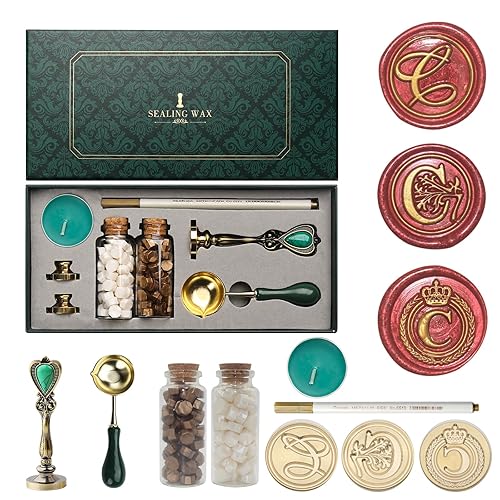 Kit de sellos de cera con letra inicial del alfabeto C, cabeza de sello de cera de 3 piezas, color blanco perla y oro vintage, cuentas de sellado,