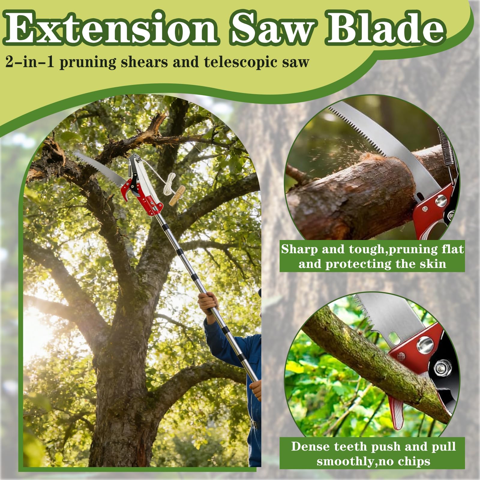 Tijeras de podar telescópicas 82 – 410 cm con sierra de podar, 2 en 1, manual con cuerda de cuerda, mango telescópico de acero inoxidable, tijeras de podar y sierra de jardín para ramas altas, árboles
