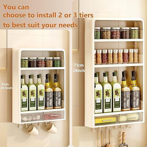 Miniatura 5 de Organizador y almacenamiento de despensa de cocina, estante de cocina de 3 niveles con cajones y ganchos para tarros de especias y condimentos,