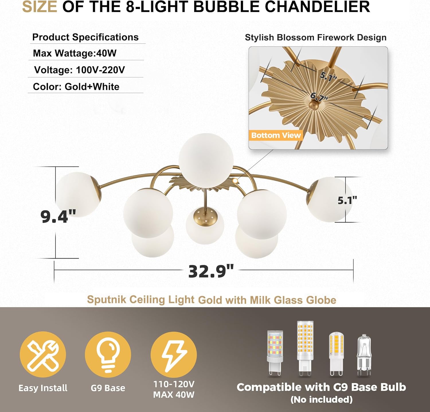 8-Light Gold Sputnik Semi Flush Mount Ceiling Lights, 32.9 in. Mid Century Glass Bubble Sunburst Chandeliers Light Fixture Milk Glass Blossom Accent for Dining Bedroom Entry