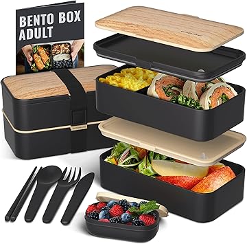 Bentoheaven Premium Bento Box Adult Lunch Box with Compartments for Women & Men, Set of Utensil & Chopsticks & Dip Container,