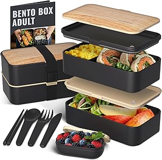 Original BentoHeaven Bento Box +FREE Fun Lunch Notes, Cutlery, Chopsticks,4 Color Options - Premium Leakproof Lunch Box for Adults & Kids (Bamboo Black) by BentoHeaven