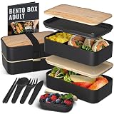 Bentoheaven Premium Bento Box Adult Lunch Box with Compartments for Women & Men, Set of Utensil & Chopsticks & Dip Container, Cute Japanese Kids Bento Lunch Box, Microwavable (Symph Onyx) Symph-Onyx
