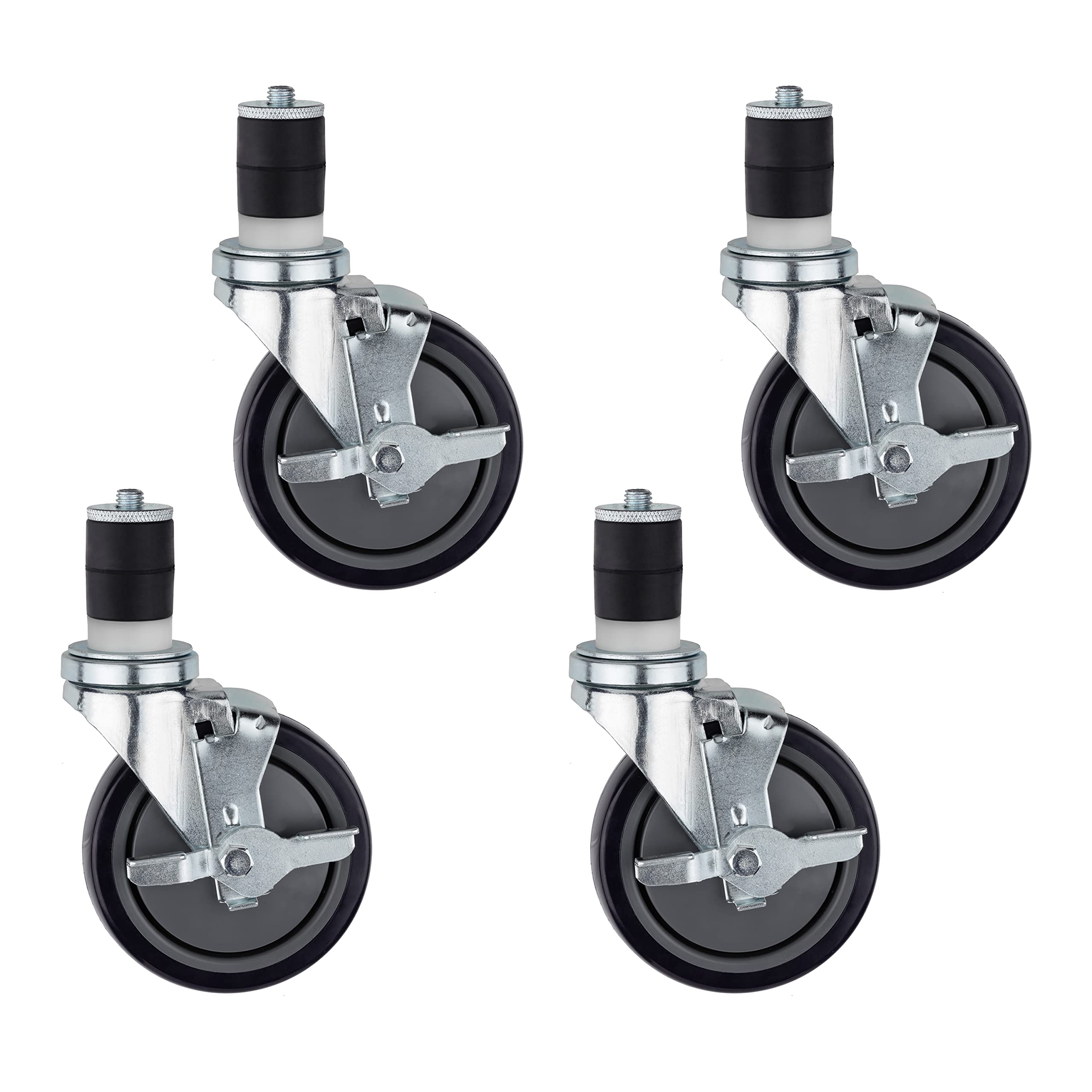 DuraSteel Set di 4 ruote con stelo espandibile da 1-1/2" con freno laterale per tavoli da lavoro per la preparazione della cucina commerciale, ruota in poliuretano da 12,7 cm, altezza di montaggio