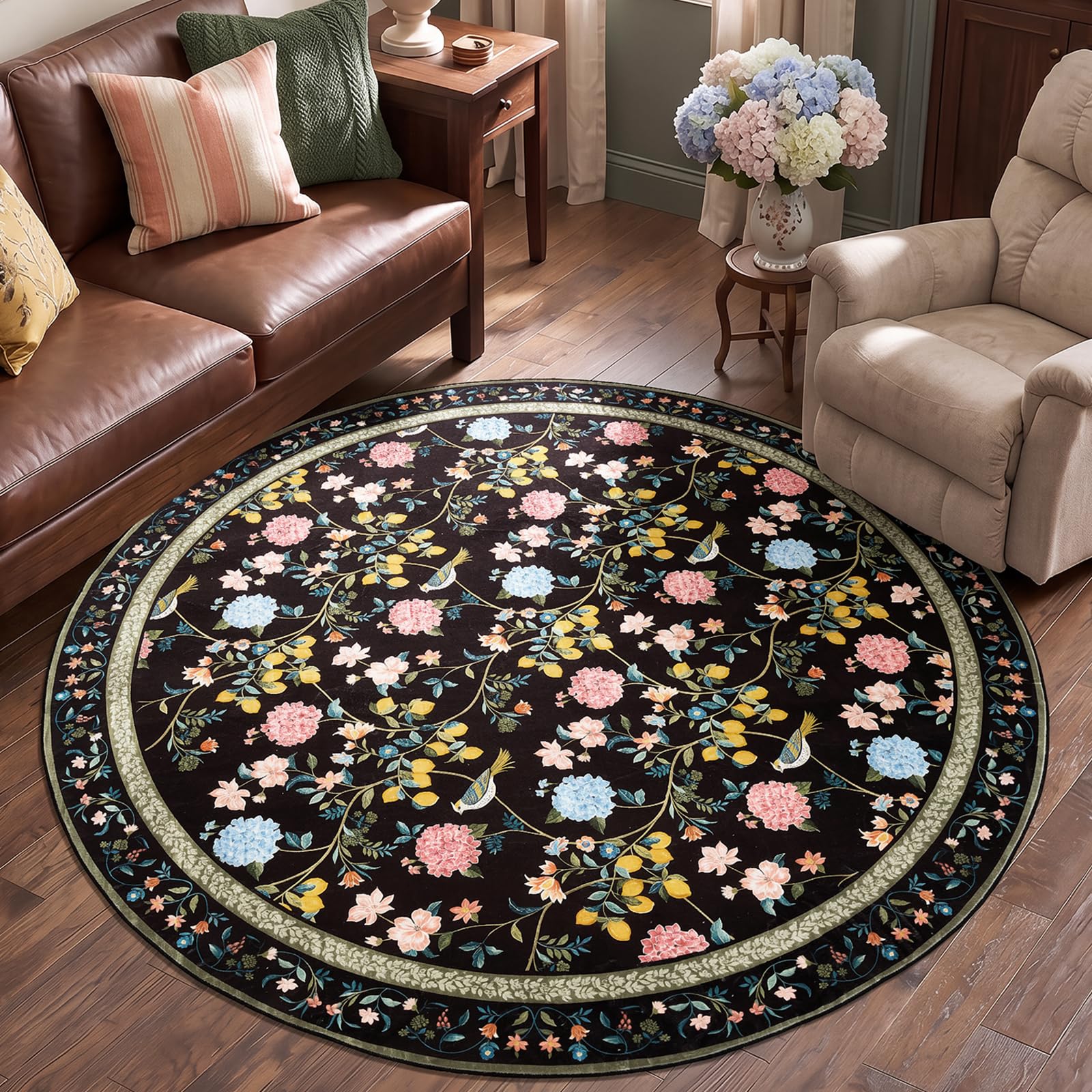 Photo 1 of JINCHAN 6ft Round Rug, Washable Floral Rug Non Slip Soft, Black