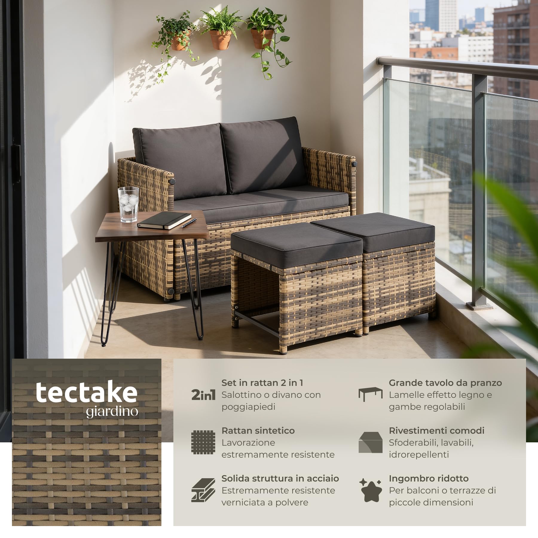 Tectake Set Salotto da Giardino in Rattan 2 in 1, Divano 2 Posti e Set Sedie, Cuscini Impermeabili, 4 Persone, Tavolino da Esterno, Naturale