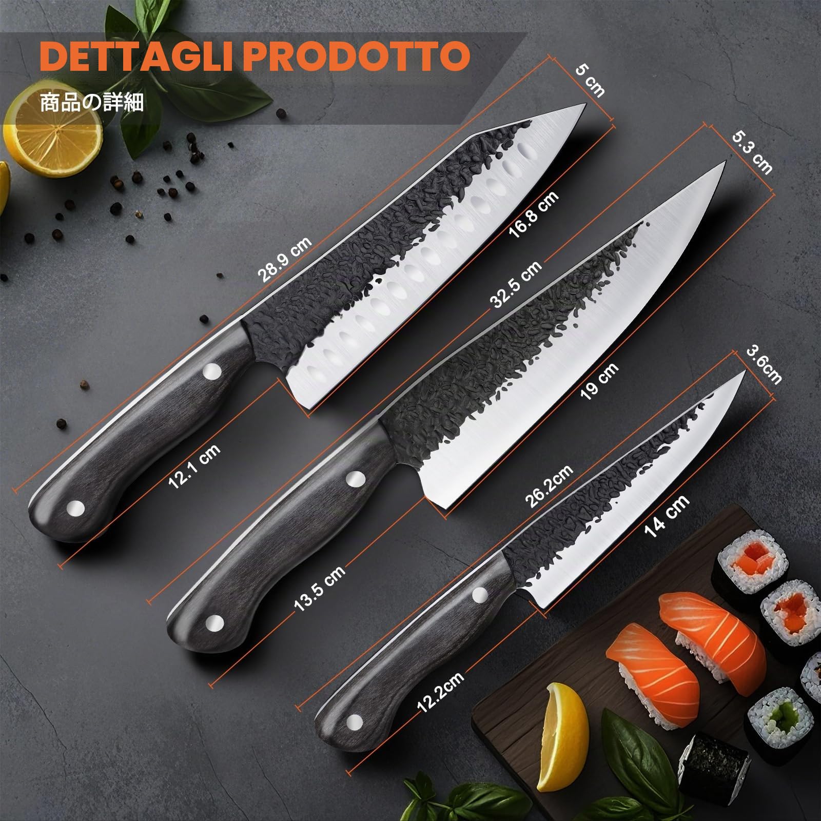 Purple Dragon Set di Coltelli da Cucina 3 Pezzi in Acciaio al Carbonio | Acciaio al Carbonio, Manico Ergonomico, Set 3 Pezzi con Coltello Cucina, Santoku e Pelapatate per Uso Quotidiano Domestico