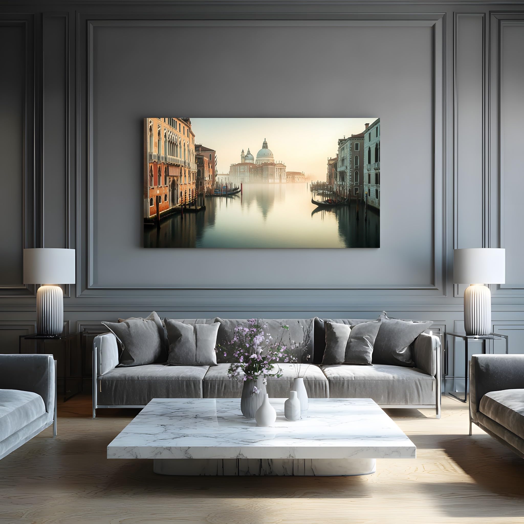 Generisch Leinwandbilder Modern Venedig Wandbild mit Rahmen Romantisch | Fluss Leinwand 60x120 cm, Retro Architektur Modern Wanddeko für Wohnzimmer Schlafzimmer Esszimmer Zimmer