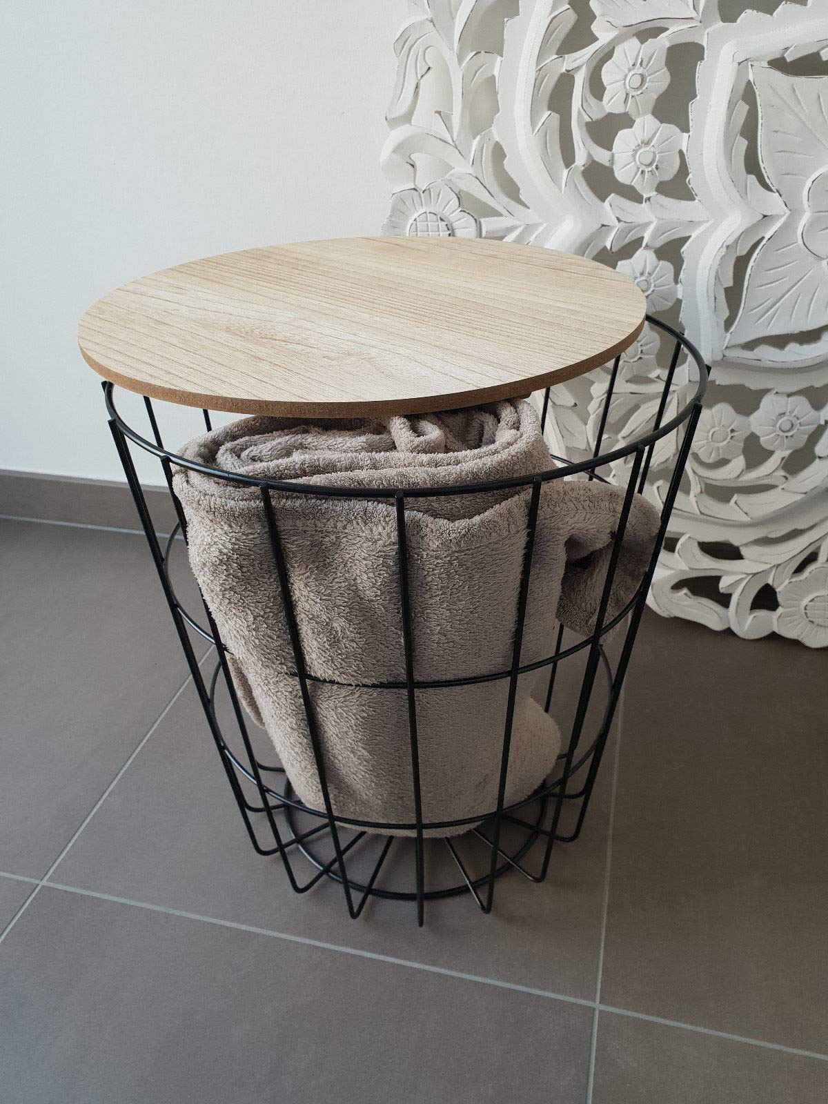 Ribelli set van 2 bijzettafels, salontafel met mandfunctie, ronde salontafel, mandtafel met afneembaar tafelblad, metalen tafels voor de woonkamer, slaapkamer, kantoor, Wit/Zwart, 500733