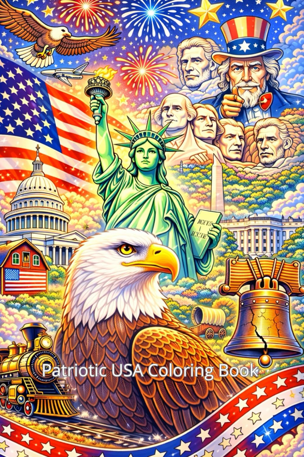 Patriotic USA Coloring Book: Statue of Liberty, Bald Eagle & American Icons for Adults & Teens: Relaxing & Fun Coloring Pages Featuring Mount Rushmore, Liberty Bell, Fireworks, and American Heritage