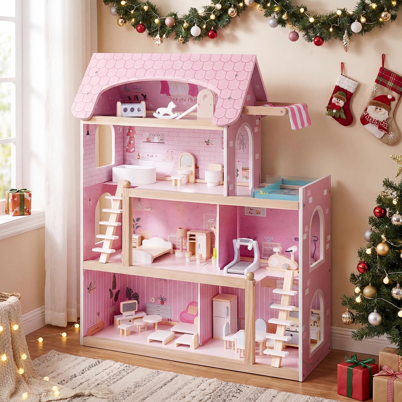 COSTWAY Casa delle Bambole in Legno, Casa Bambole con 4 Piani, 6 Stanze, Terrazza, Piscina e Scale, Casetta Giocattolo Educativo con 33 Mobili Accessori, per Bambini 3+ Anni, 63 x 25 x 78 cm (Rose)