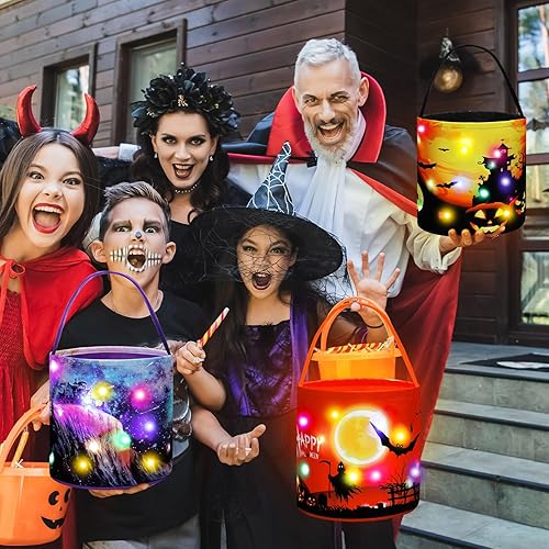 Miniatura 5 de Teling 6 bolsas de dulces de calabaza con luces LED para Halloween con luces LED para Halloween, bolsa de regalo reutilizable para suministros de