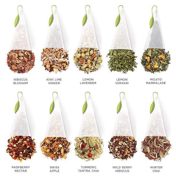 Tea Forte Premium Tea Chest Presentation Box Gift Set Sampler, 40 Count Individually Wrapped Handcrafted Pyramid Tea Infuser Bags, Herbal Tea