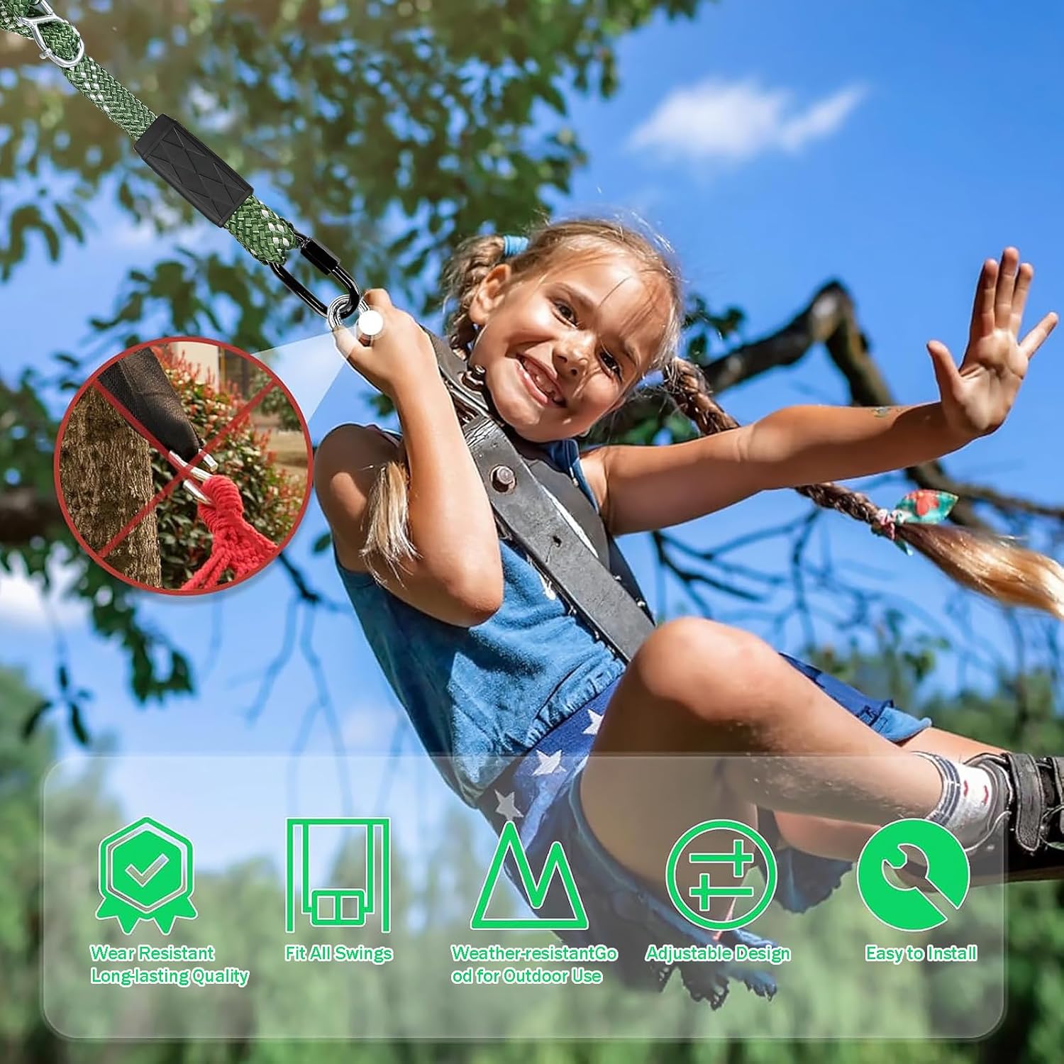 2-Pack 3.33ft Tree Swing Hanging Straps, 800 LB Capacity Adjustable Nylon Heavy Duty Swing Ropes with Safer Lock Snap Carabiner for Hammock, Swing, Outdoor Camping and Aerial Yoga