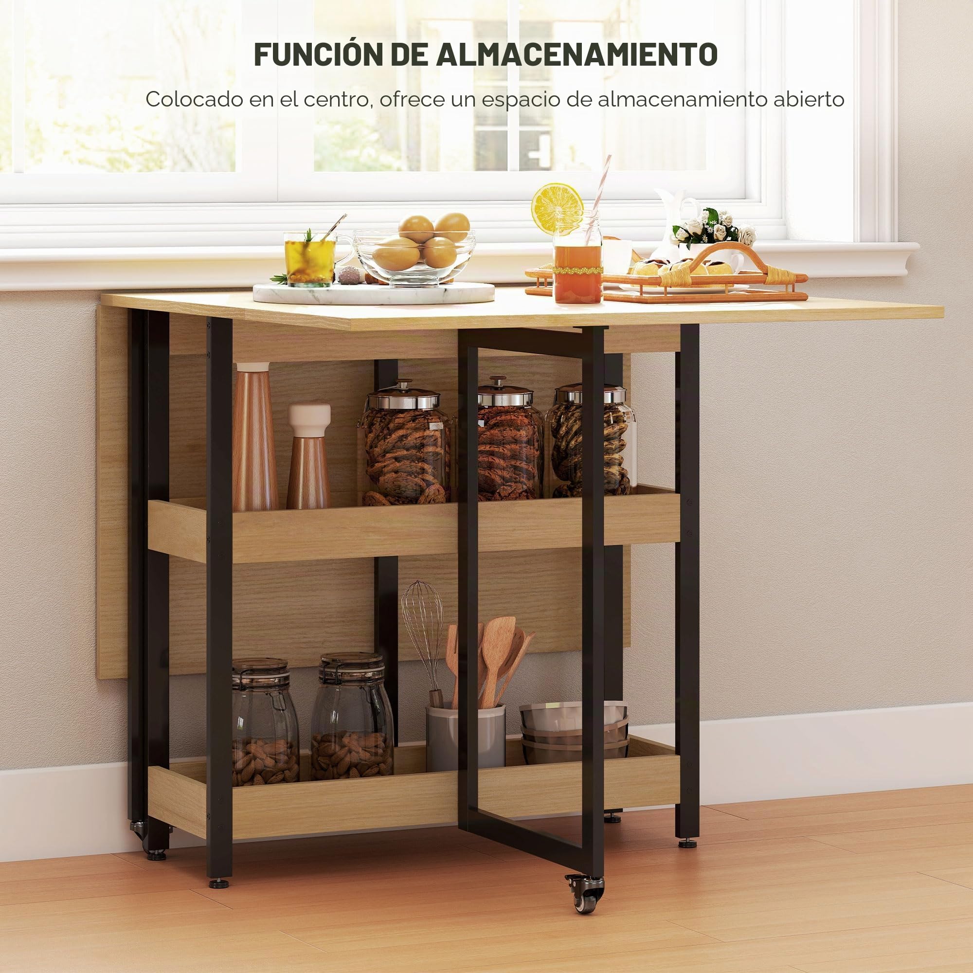 HOMCOM Mesa de Comedor Plegable Extensible sobre Ruedas para 4 Roble | Mesa de cocina rectangular plegable, estantes abiertos, ahorra espacio, comedor