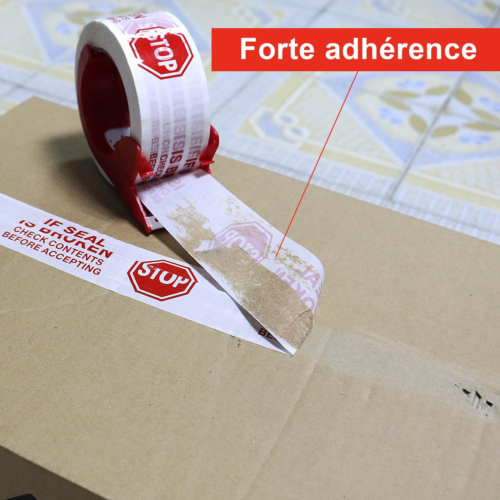 BOMEI PACK Cinta de embalaje de seguridad 100 m x 50 mm – 6 rollos con carrete | Impresión "IF SEAL IS BROKEN CHECK CONTENTS BEFORE ACCEPTING" | Adhesivo fuerte para paquete, almacén, comercio