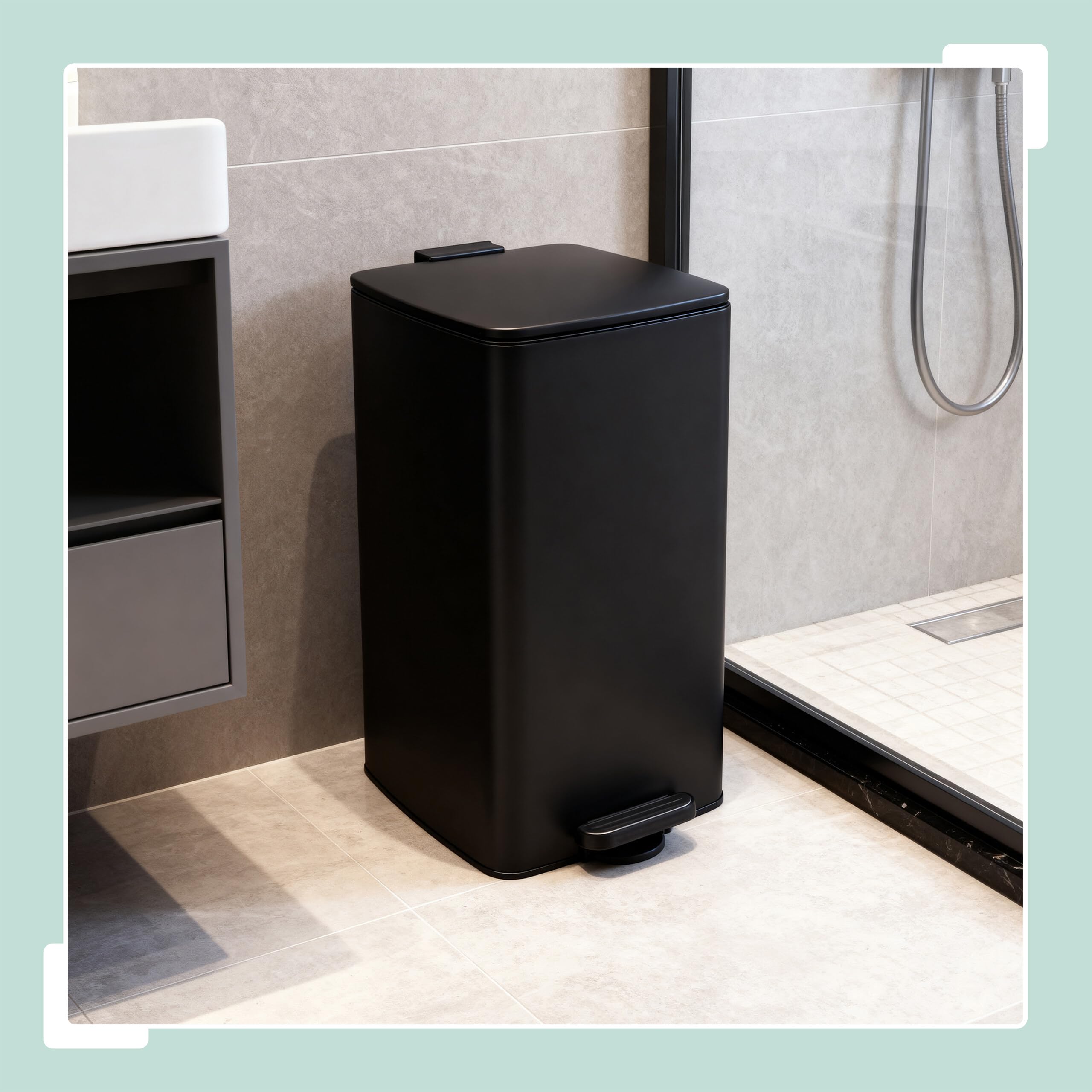 Relaxdays Mülleimer Küche, 30 Liter, Absenkautomatik, entnehmbarer Inneneimer, Mattes Metall, eckiger Treteimer, schwarz